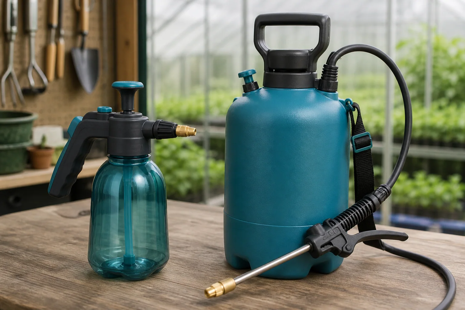 Component comparison between a compact hand sprayer and a larger garden pressure sprayer.